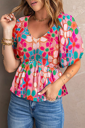 Pink Boho Flower Print Puff Sleeve Peplum Top