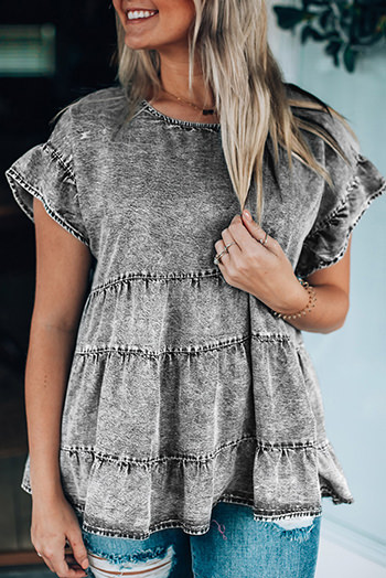 Gray Flutter Sleeves Tiered Denim Top