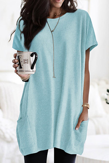 Light Blue Side Pockets Short Sleeve Tunic Top