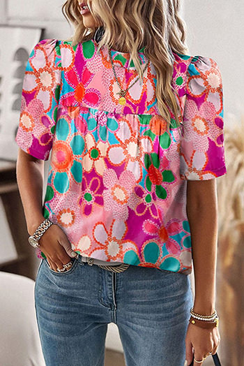 Purple Boho Flower Print Puff Short Sleeve Top