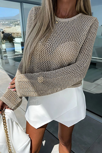 Khaki Hollow Out Knit Long Sleeve Top