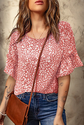 Pink Leopard Spotted Ruffle Sleeve T Shirt