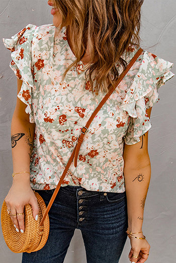 Green Floral Ruffle Short Sleeve Tee