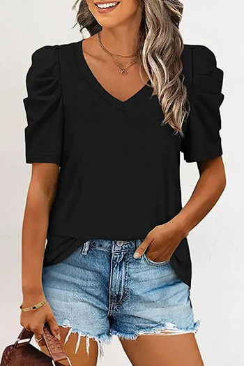 Black Puff Sleeve V Neck T Shirt