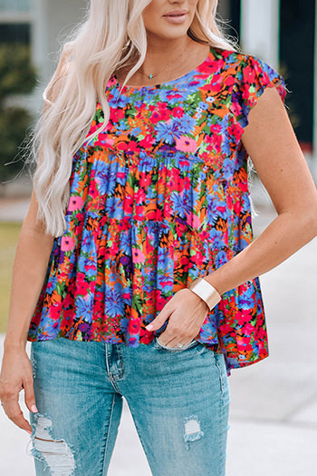 Multicolor Floral Print Ruffle Tiered Short Sleeve Babydoll Top