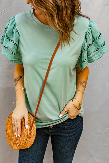 Green Hollow Out Ruffle Sleeve T Shirt