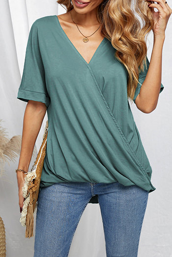 Green Short Sleeves Drape Knit Top