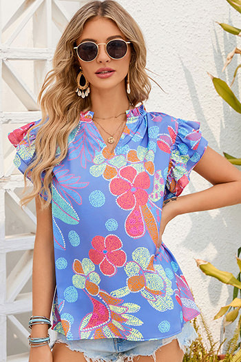 Blue Split V Neck Flutter Floral Top