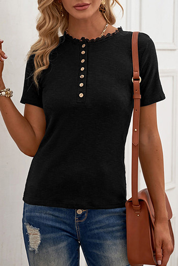 Black Buttoned Ribbed Knit Short Sleeve Top