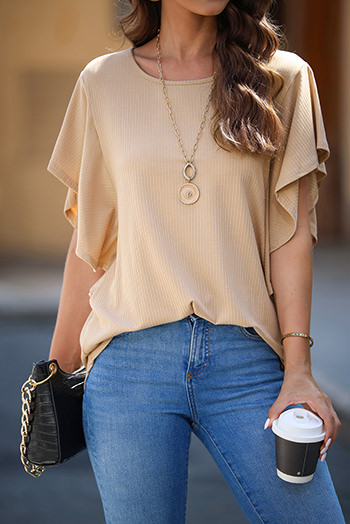 Apricot Ruffled Ribbed Knit Loose Top