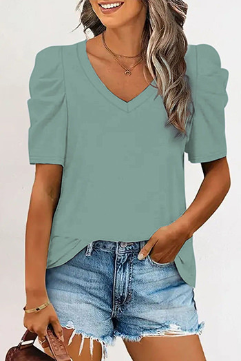 Green Puff Sleeve V Neck T Shirt