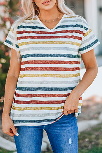 Multicolor Stripes V Neck T Shirt