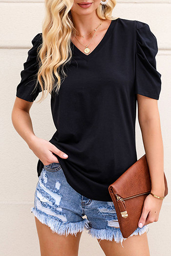 Black Puff Sleeve V Neck T Shirt