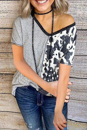 Gray Stripes and Cow Print Contrast V Neck Tee