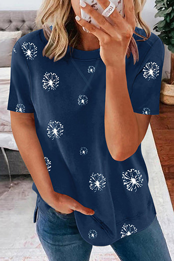 Blue Dandelion Print Crew Neck T Shirt