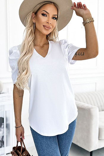 White Puff Sleeve V Neck T Shirt