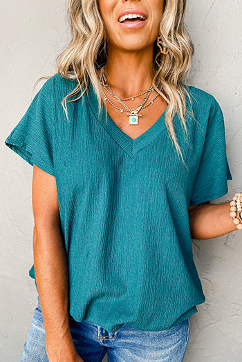 Blue Sapphire Crinkled V Neck Wide Sleeve T Shirt