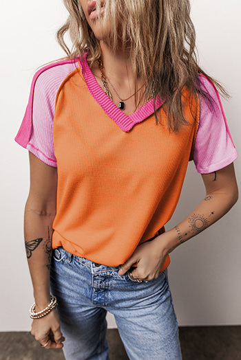 Orange Exposed Seam Color Block Knitted V Neck T Shirt