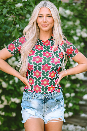 Fiery Red Retro Floral Print Crew Neck T Shirt