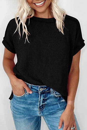 Black Textured Knit Exposed Stitching T Shirt