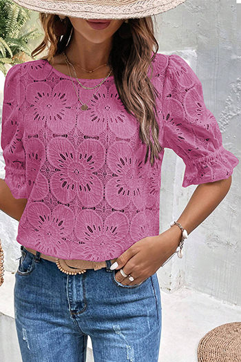 Bright Pink Flower Eyelet Jacquard Keyhole Flounce Sleeve Top