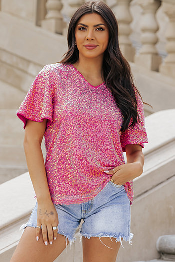 Bonbon V Neck Wide Sleeve Sequin Top