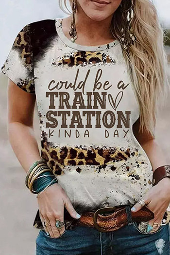 Brown TRAIN STATION Graphic Leopard Print T Shirt