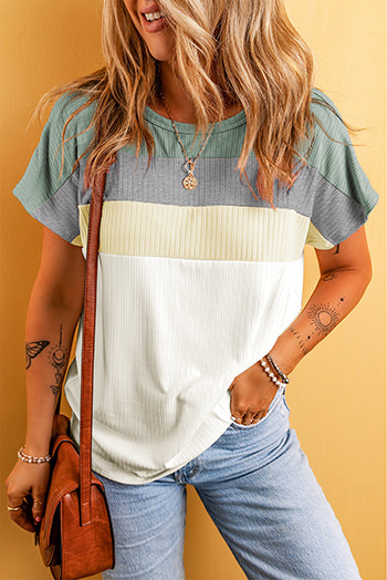 Moonlight Jade Ribbed Color Block Patchwork T Shirt