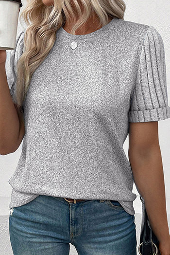 Gray Ribbed Splicing Sleeve Round Neck T Shirt