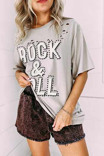 Gray Rock and Roll Graphic Distressed Vintage Tee