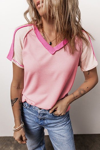 Pink Exposed Seam Color Block Knitted V Neck T Shirt