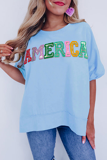 Mist Blue Sparkle America Pastel Embroidered Graphic T Shirt