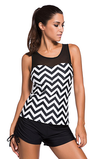 Black White Zigzag Print Mesh Splice 2pcs Tankini Swimsuit