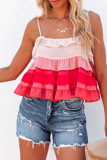 Red Gradient Ruffle Tiered Spaghetti Straps Tank Top