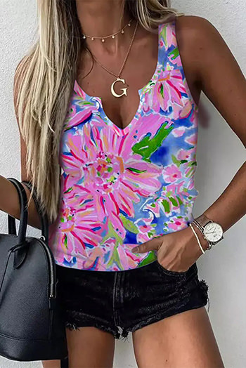 Pink Floral Print Notch Neck Sleeveless Top