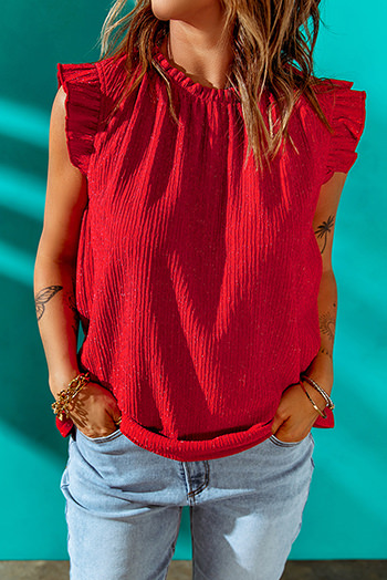 Red Ruffled Ribbed O-neck Sleeveless Top