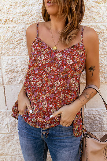 Red Floral Print Loose Spaghetti Strap Cami Top