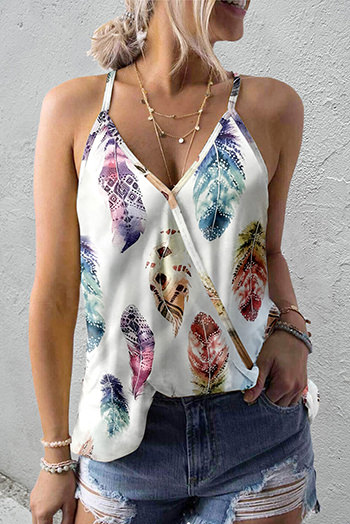 White Tropical Plant Print Tank Top