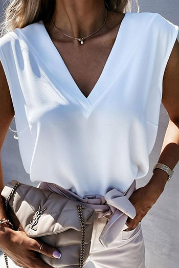 White V Neck Pleated Backless Cap Sleeve Top