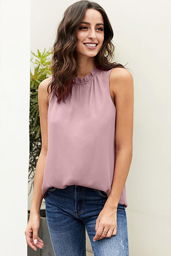 Pink Ruffle Trim Neckline Tank Top