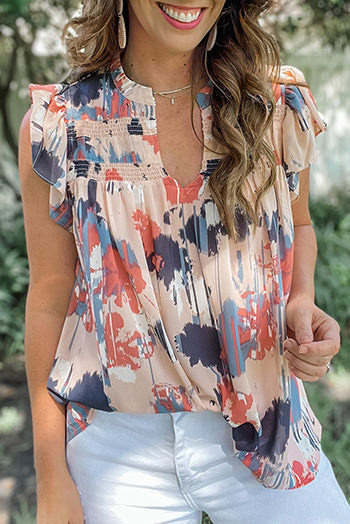 Pink Abstract Print V Neck Shirred Ruffled Sleeveless Top