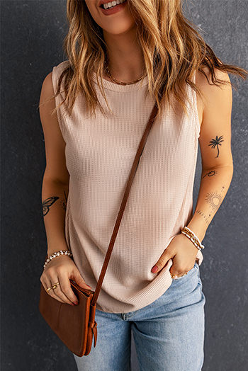 Apricot Crew Neck Waffle Tank Top