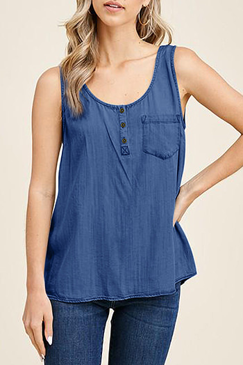 Blue Plain Denim Bust Pocket Tank Top