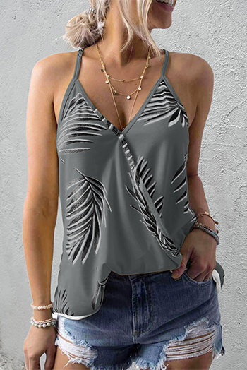 Gray Tropical Plant Print Tank Top