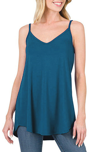 Peacock Blue Spaghetti Strap V Neck Flowy Tunic Tank Top