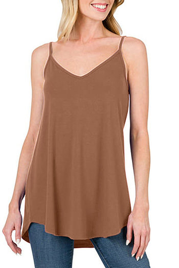 Chestnut Spaghetti Strap V Neck Flowy Tunic Tank Top