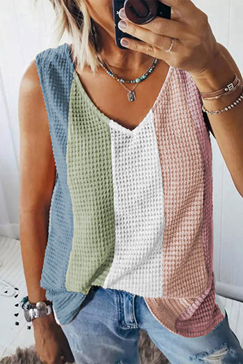 Color Block V Neck Waffle Knit Tank Top