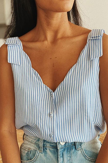 Sky Blue Stripe Scalloped V Neck Buttoned Tank Top