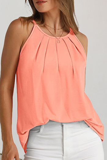 Pale Chestnut Solid Pleated Round Neck Tank Top