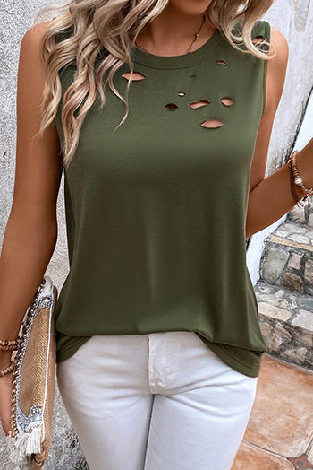 Jungle Green Solid Color Distressed Holes Crew Neck Tank Top